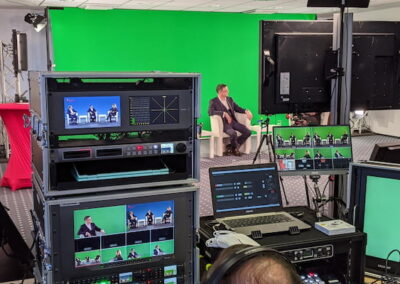 Ein Fernsehstudio mit grünem Hintergrund und mehreren Monitoren, die verschiedene Kamerawinkel zeigen. Eine Person sitzt auf einem Stuhl vor einer Kamera, während eine andere Person auf einem Monitor zu sehen ist.