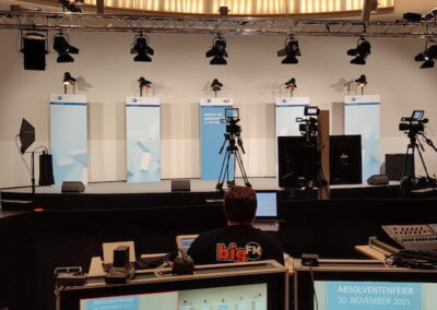 Innenansicht eines Veranstaltungssaals während der Vorbereitungen für eine Absolventenfeier am 30. November 2021. Im Vordergrund ist ein technisches Bedienpult mit Bildschirmen und einem Techniker zu sehen. Dahinter befindet sich eine Bühne mit drei Podesten, mehreren Kameras und Beleuchtungseinrichtungen.